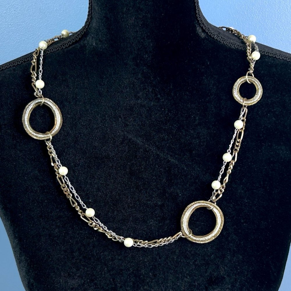 Beautifully Detailed Antique Gold & Silver Tone Circles & Beads Chain Necklace
